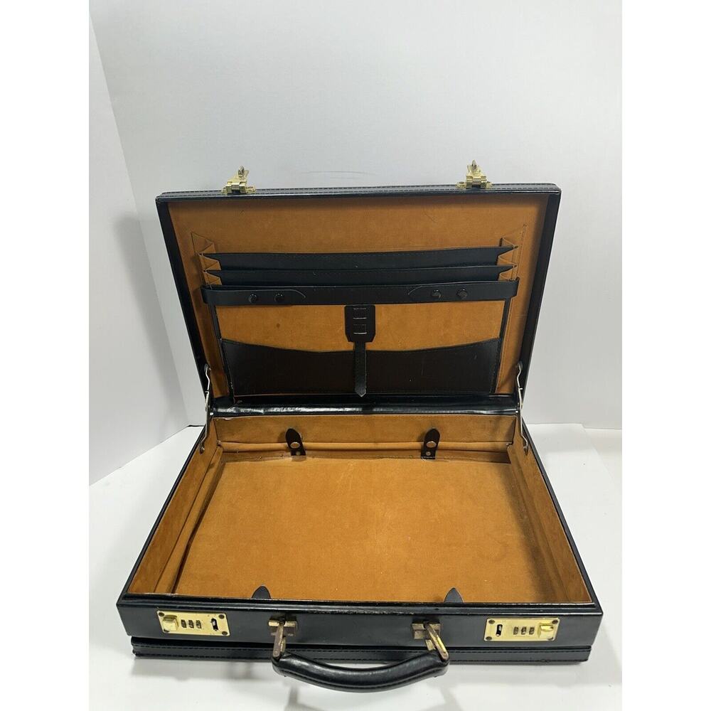 LEATHER PRESTO Attache Business BRIEFCASE Locking Hard Case Vintage Extend Black